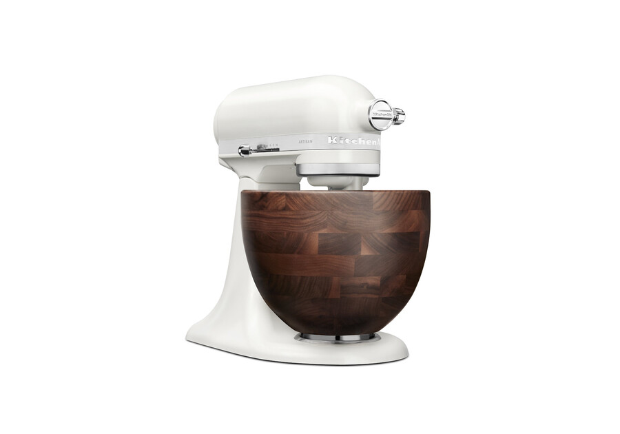 artisan tilt-head stand mixer with walnut wood bowl ksm156