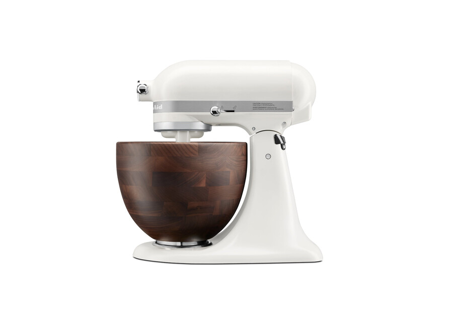 artisan tilt-head stand mixer with walnut wood bowl ksm156